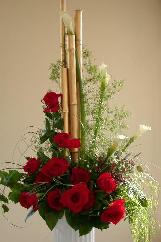 line design for alter flowers of red open roses, gold bamboo, white calla lilies, set off by bear grass and sprengeri designed by our designers...florists.