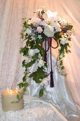 silk wedding bouquet in a crescent shape bouquet.  crystals, beads, silk flowers, wedding floral designers, bridal silk bouquets  
